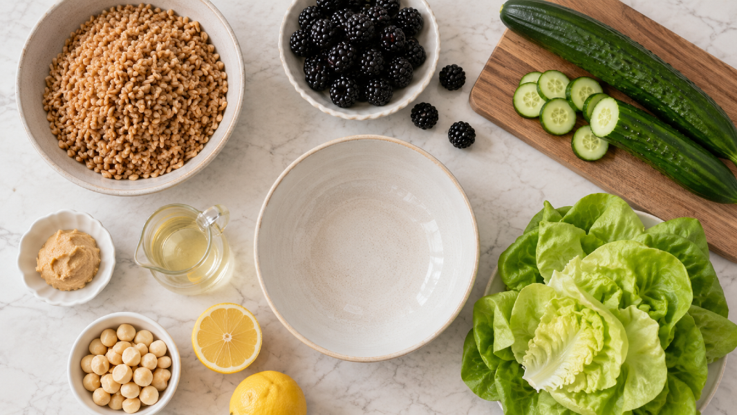Blackberry Miso Farro Salad with Cucumber and Butter Lettuce