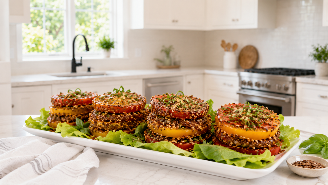 Flax-Crusted Heirloom Tomato Stacks over Butter Lettuce