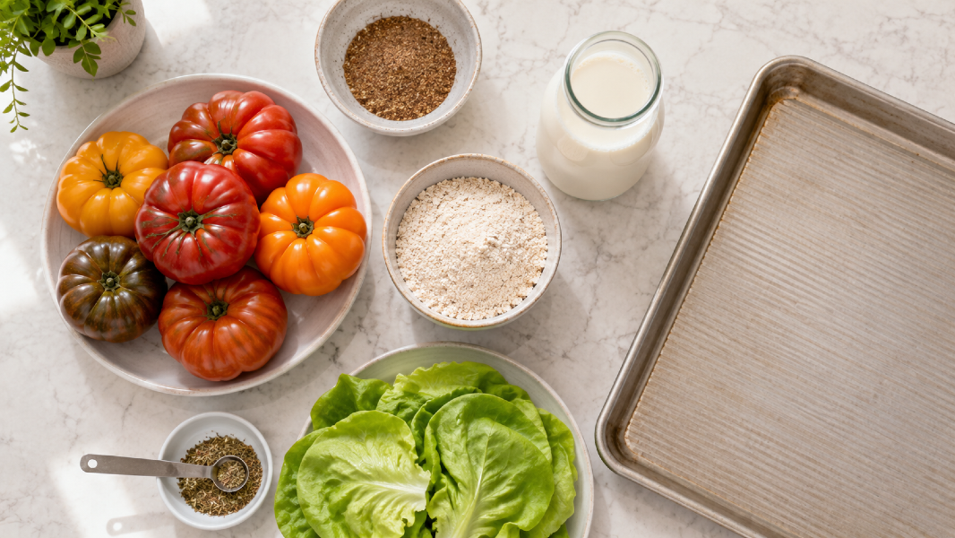 Flax-Crusted Heirloom Tomato Stacks over Butter Lettuce