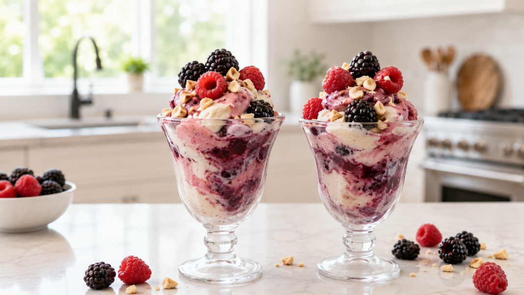 Blackberry Raspberry Macadamia Nice Cream Sundaes