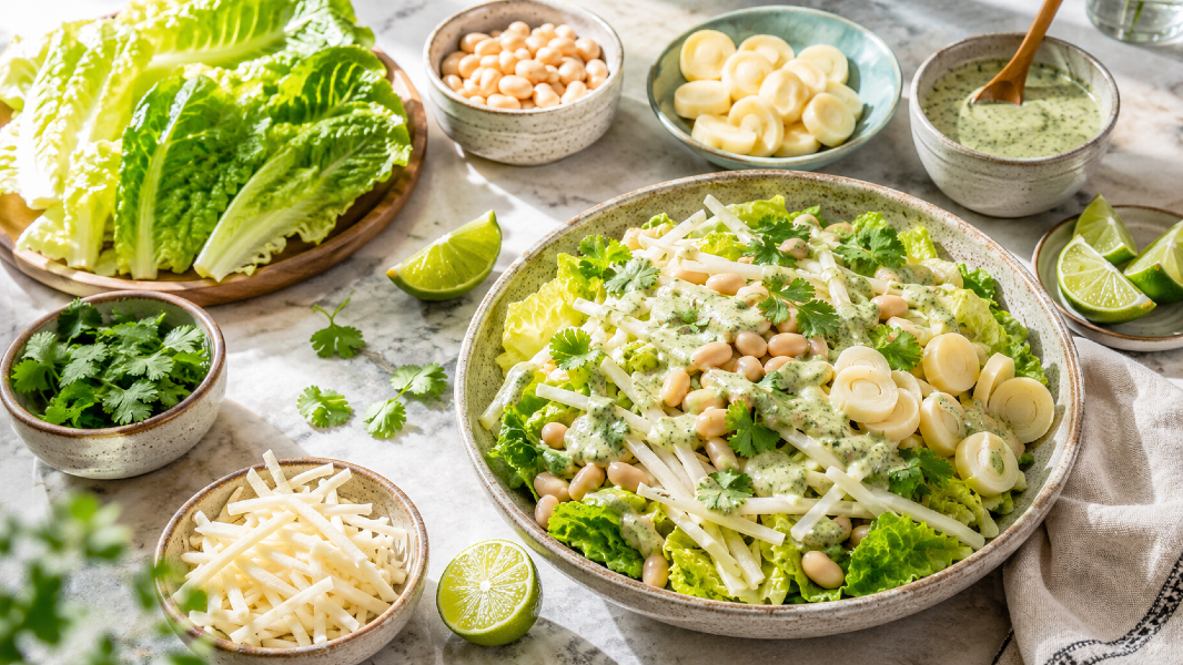 No-Cook Jicama Romaine Crunch Bowls with Hearts of Palm and Cilantro Cashew Cream