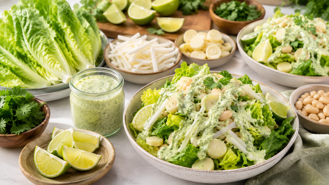 No-Cook Jicama Romaine Crunch Bowls with Hearts of Palm and Cilantro Cashew Cream