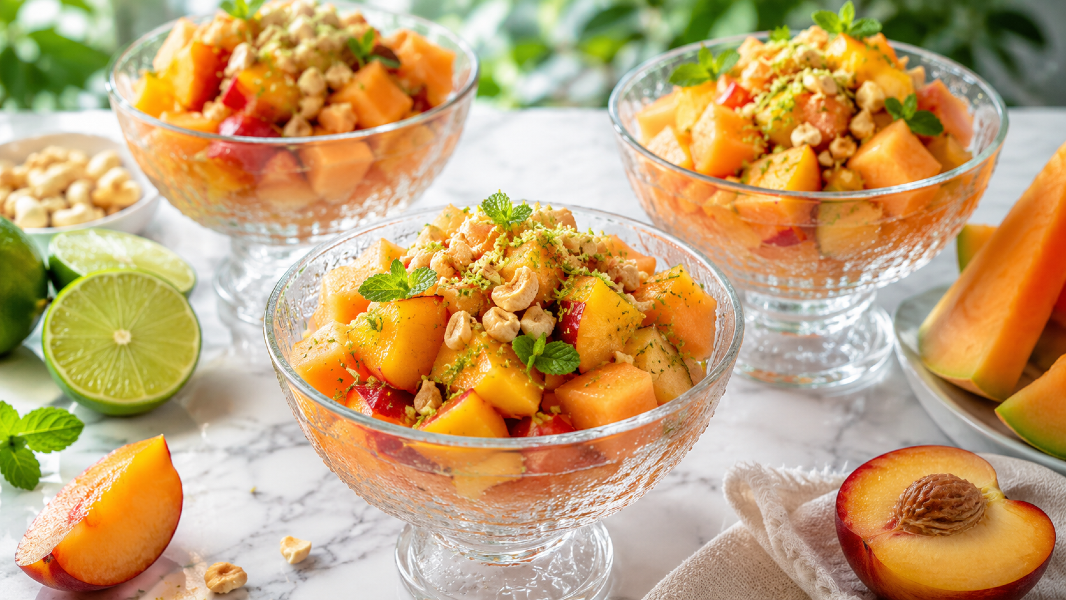 Chilled Nectarine Cantaloupe Lime Cups with Cashew Ginger Crumble