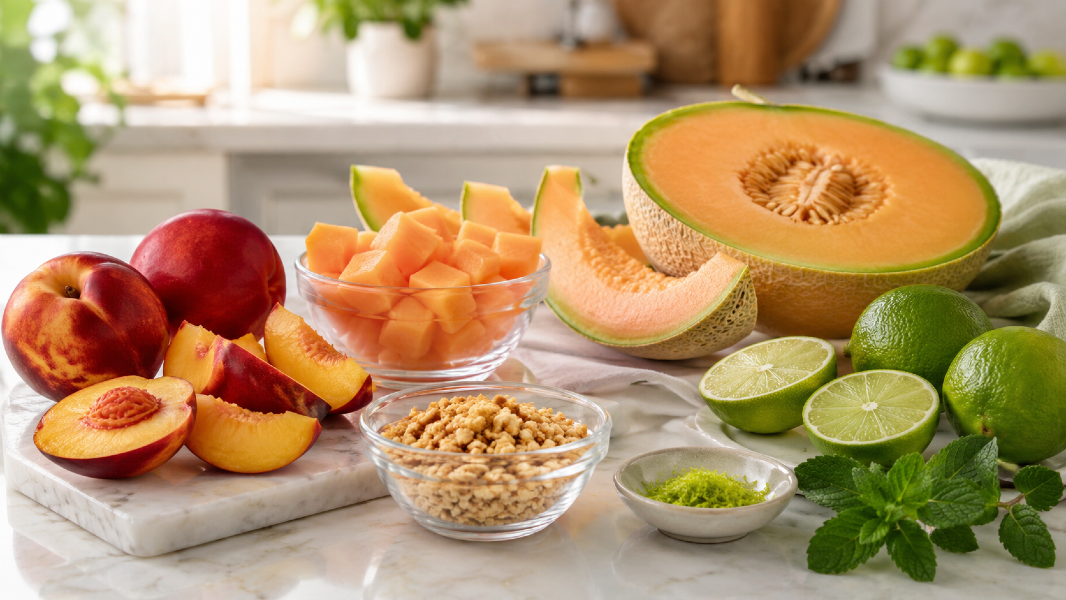 Chilled Nectarine Cantaloupe Lime Cups with Cashew Ginger Crumble