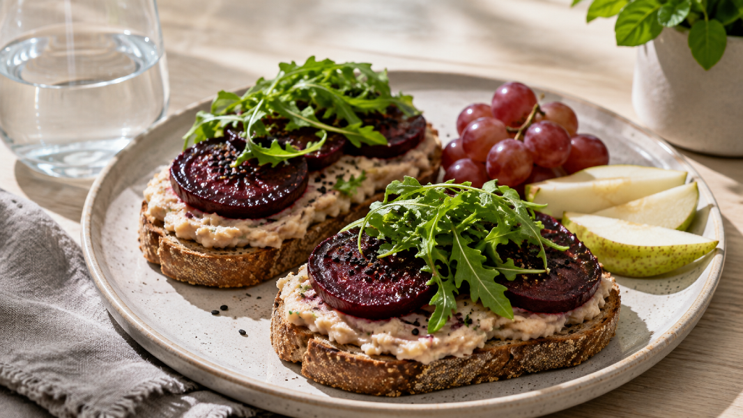 Roasted Beet & White Bean Smash Toast with Black Sesame Crunch