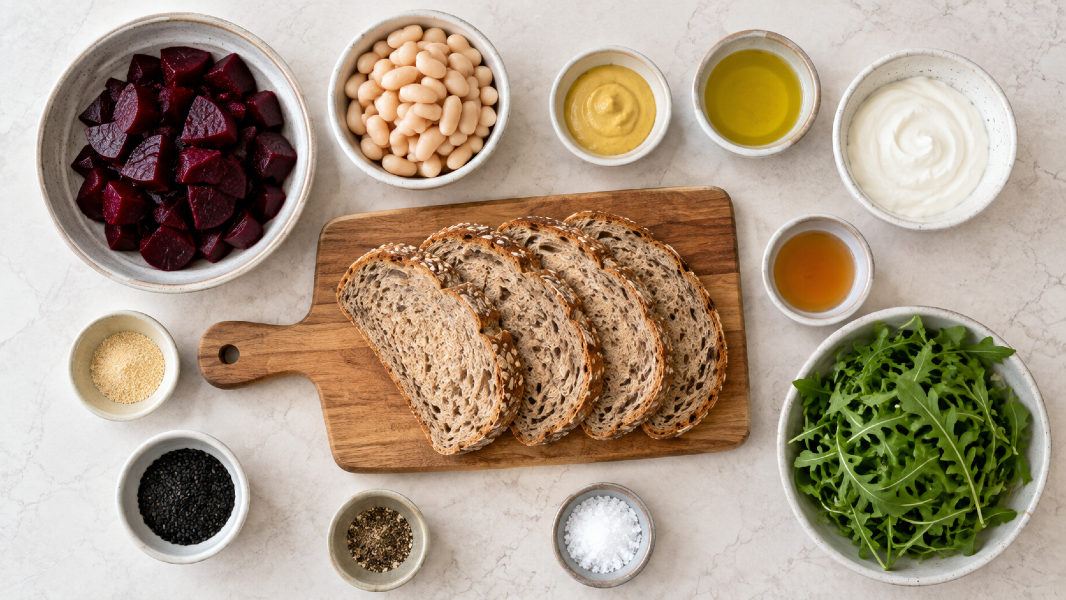 Roasted Beet & White Bean Smash Toast with Black Sesame Crunch