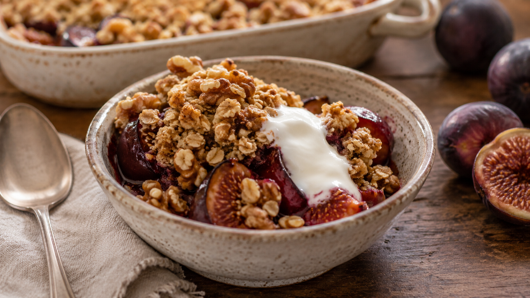 Warm Plum & Fig Crisp with Walnut-Oat Crumble
