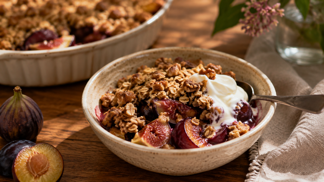 Warm Plum & Fig Crisp with Walnut-Oat Crumble