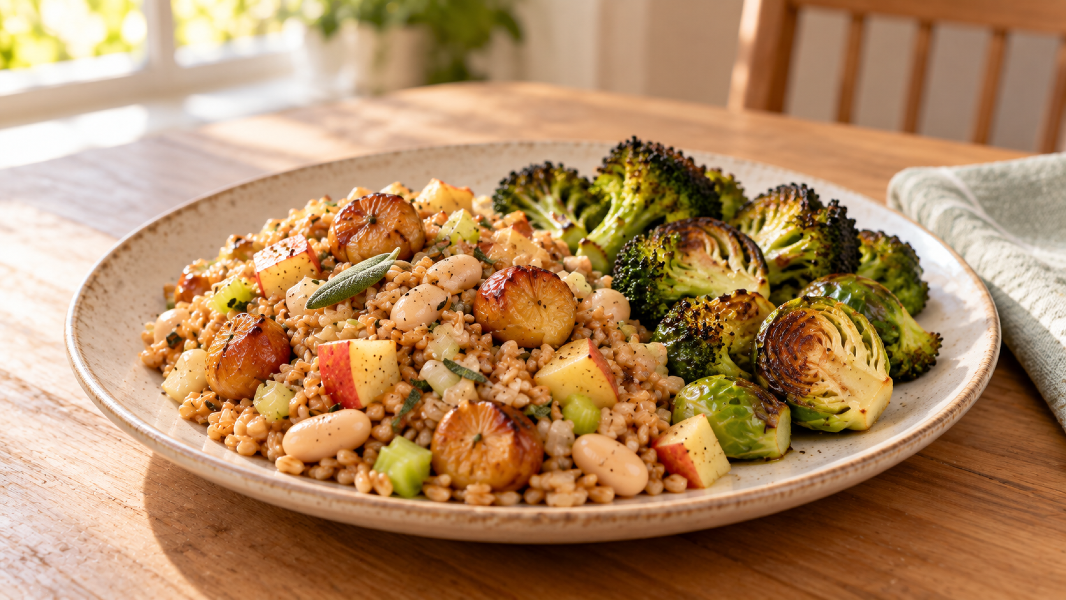 Warm Chestnut Apple Farro Pilaf With Sage