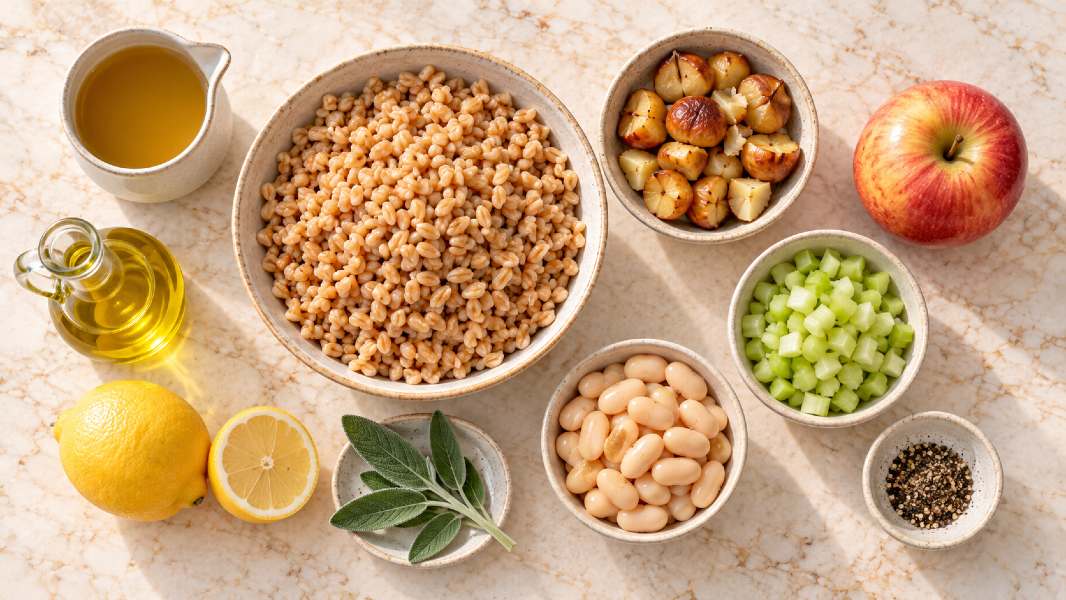 Warm Chestnut Apple Farro Pilaf With Sage
