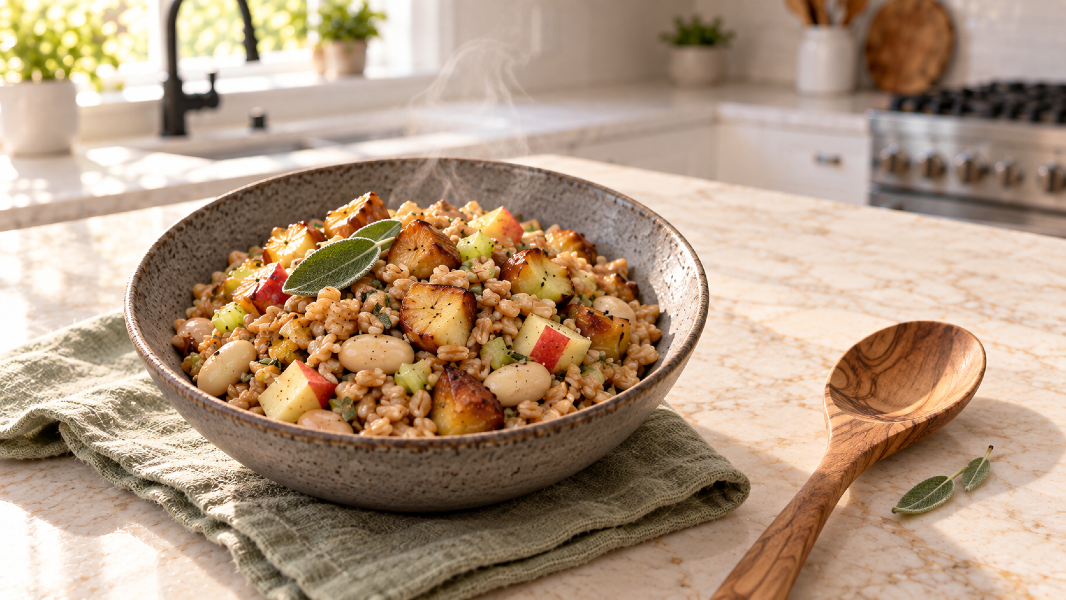 Warm Chestnut Apple Farro Pilaf With Sage