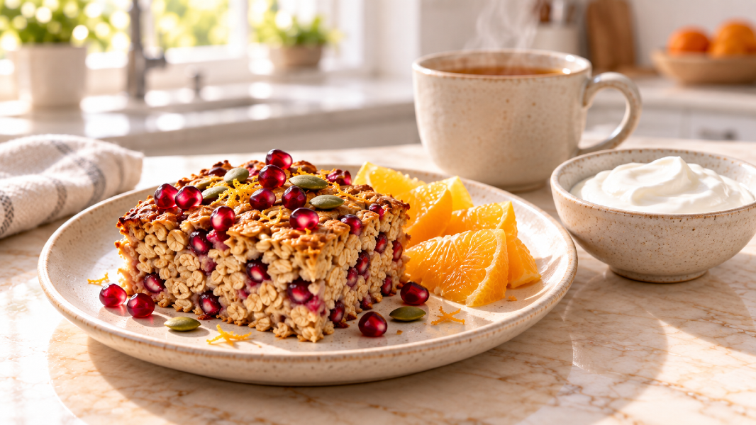 Pomegranate Orange Baked Oatmeal With Pumpkin Seed Crunch