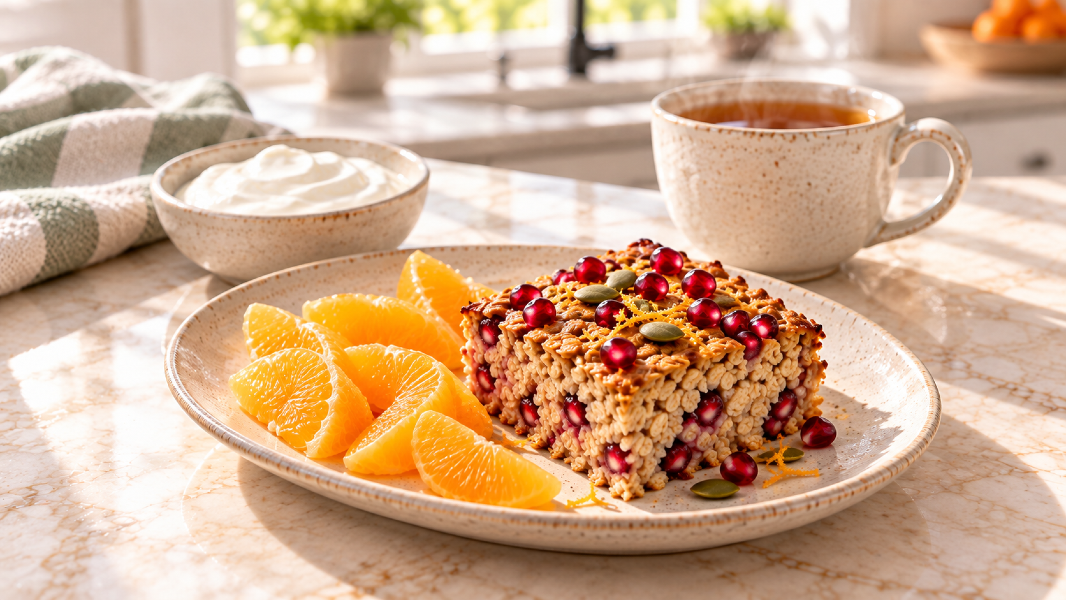 Pomegranate Orange Baked Oatmeal With Pumpkin Seed Crunch