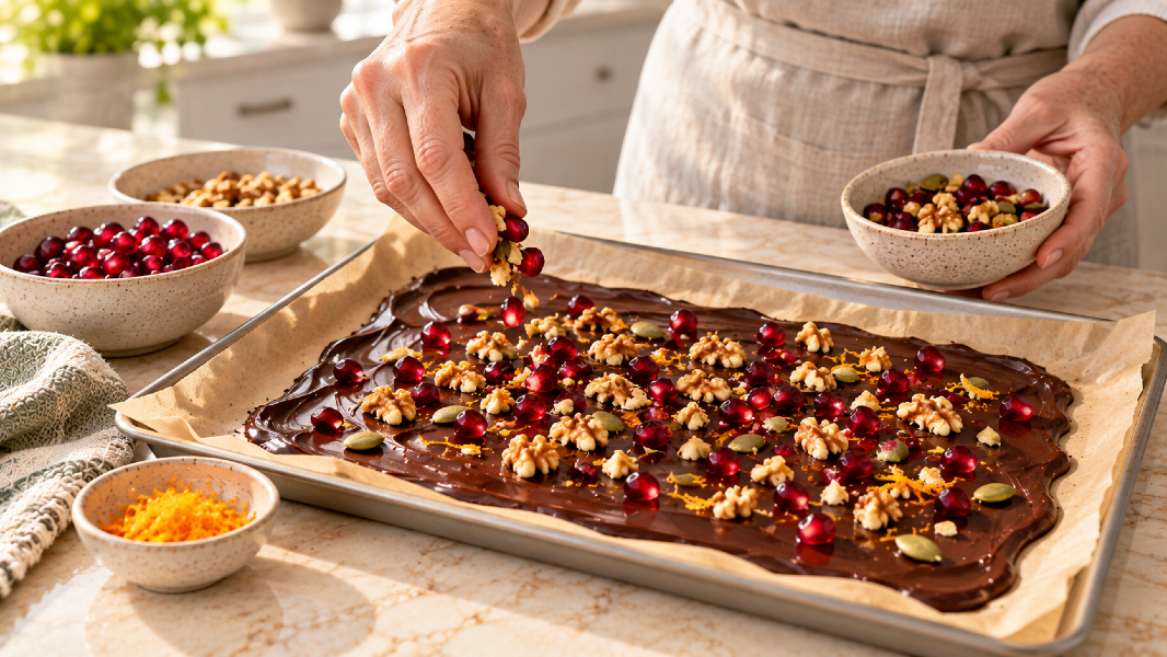 Dark Chocolate Pomegranate Walnut Bark