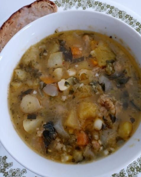 Butternut Squash, Corn, Potato Chowder, with Vegan Sausage