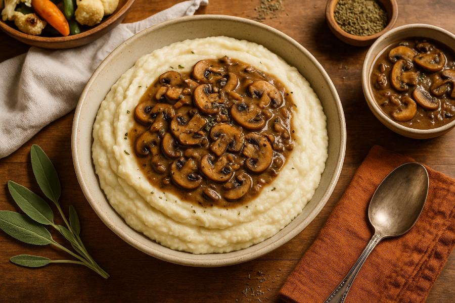 Creamy Mashed Mock Potatoes & Savory Mushroom Gravy