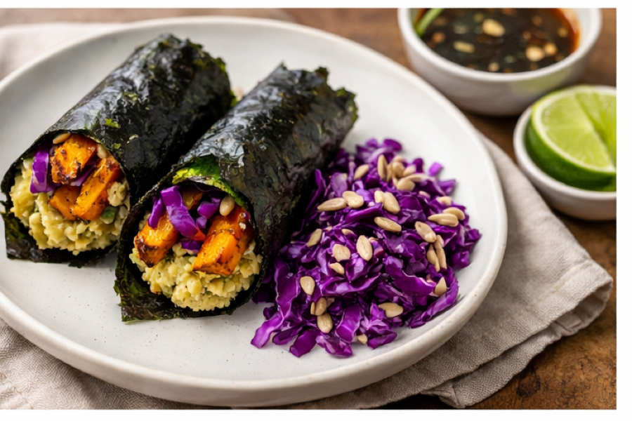 Turmeric Sweet Potato Nori Hand Rolls with Ginger Chickpea Mash