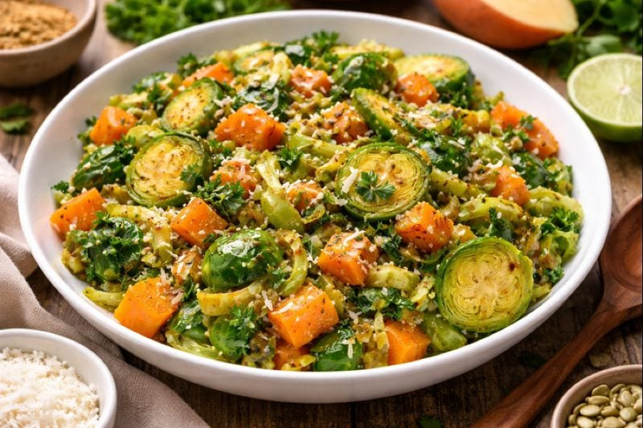 Brussels Sprouts + Sweet Potatoes with Coconut Curry Spice