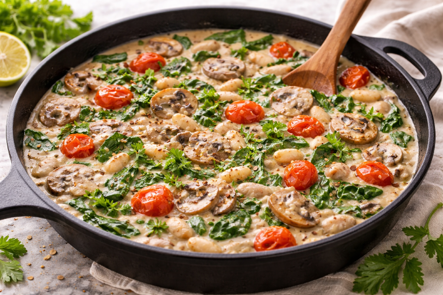 Creamy Mushroom and White Bean Skillet with Spinach and Burst Tomatoes