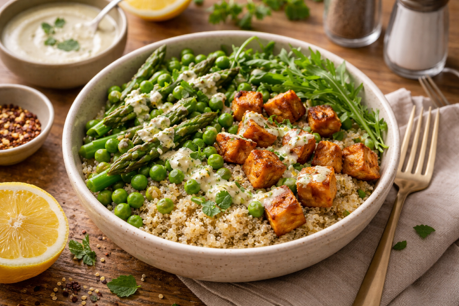 Warm Quinoa Power Bowl with Asparagus, Peas, Tempeh & Lemon Mint Tahini