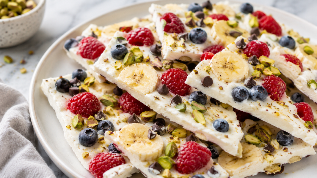 Frozen Yogurt Banana Bark with Berries and Pistachios