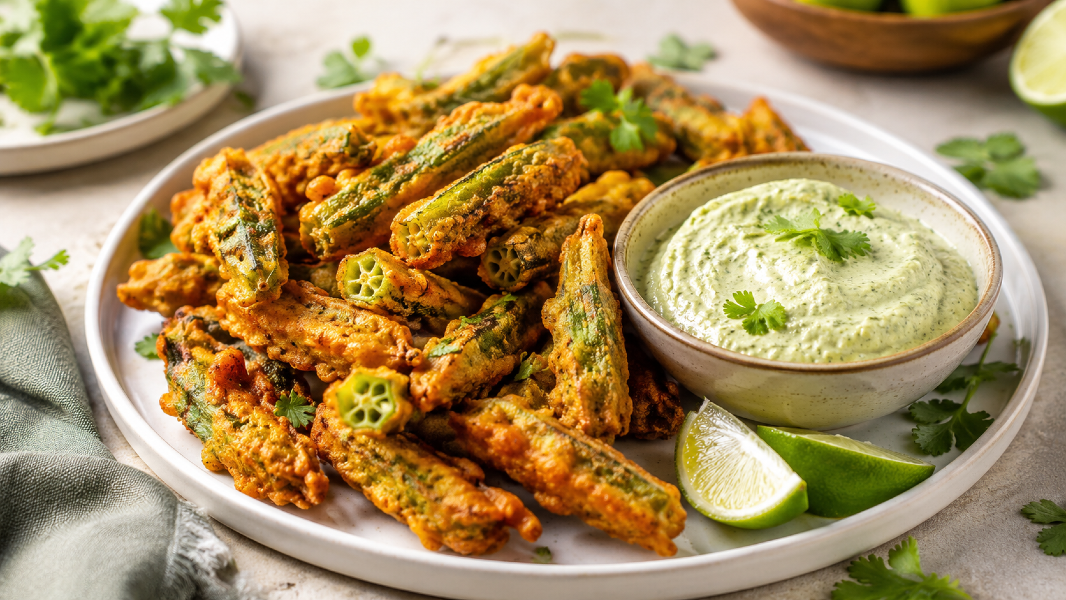 Crispy Chickpea Flour Okra Fritters with Cilantro Lime Cashew Dip