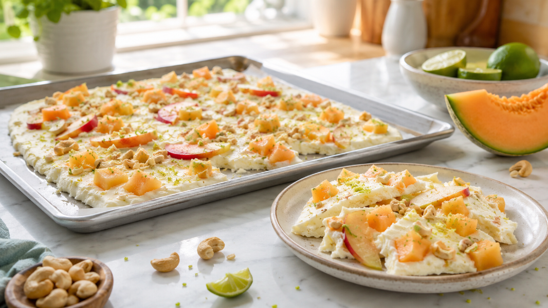 Frozen Yogurt Cantaloupe Nectarine Bark with Lime Cashew Crunch