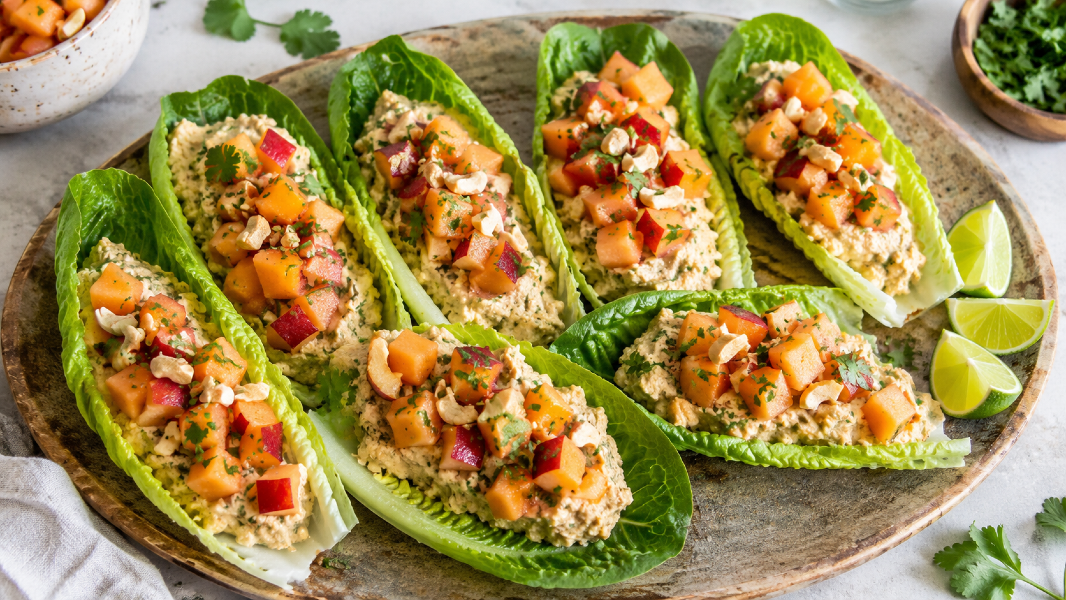 Crisp Romaine Chickpea Boats with Cantaloupe Nectarine Salsa