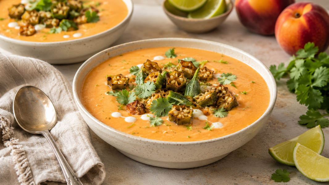Chilled Cantaloupe Nectarine Gazpacho with Crispy Chickpea Okra Toppers