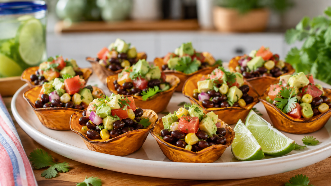 Crispy Sweet Potato Taco Cups with Avocado Corn Salsa
