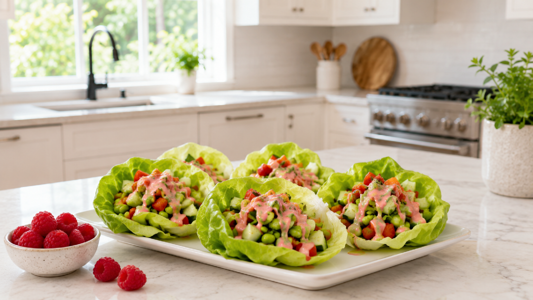 Edamame Cucumber Lettuce Cups with Raspberry Miso Drizzle