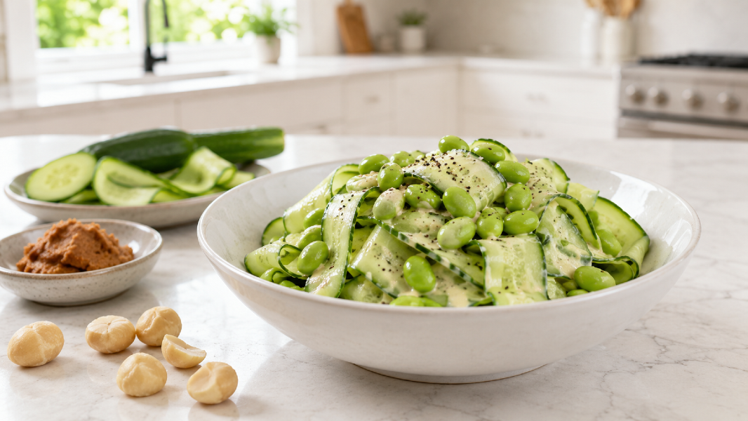 Creamy Macadamia Miso Cucumber Noodles with Edamame