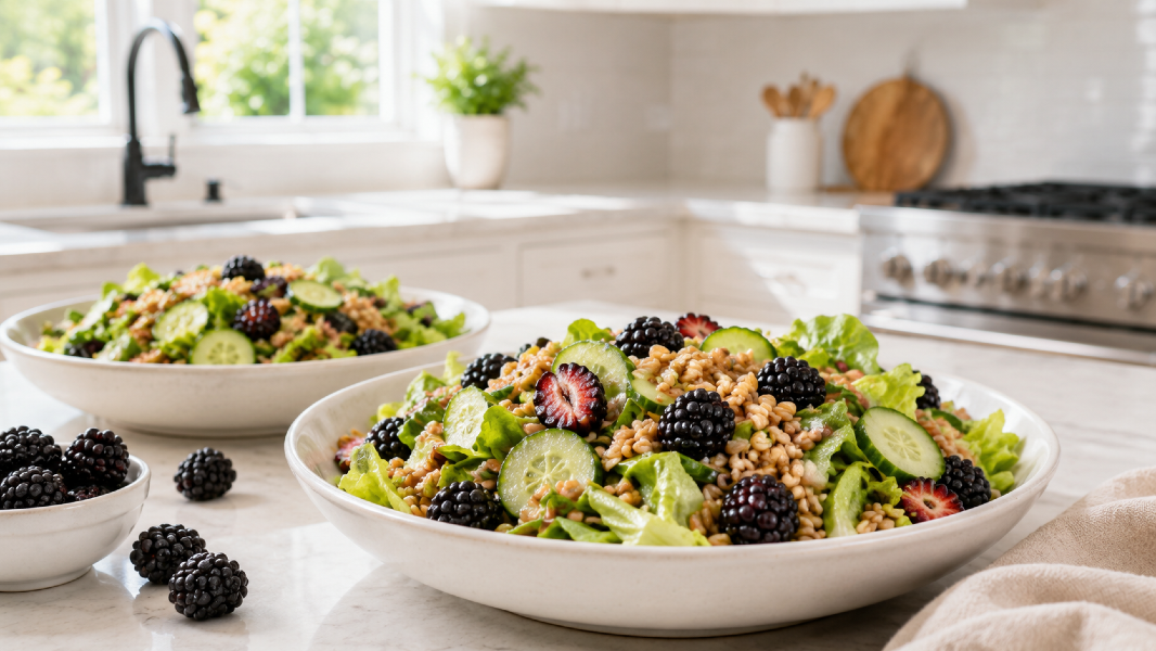 Blackberry Miso Farro Salad with Cucumber and Butter Lettuce