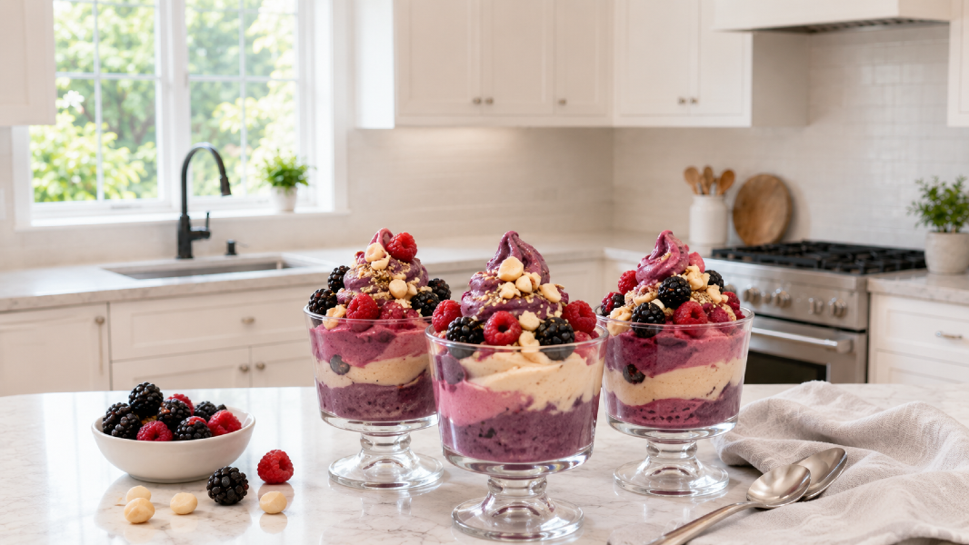 Blackberry Raspberry Macadamia Nice Cream Sundaes