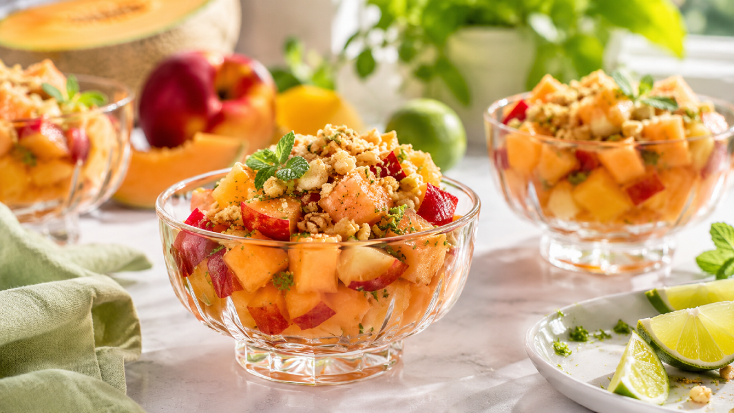 Chilled Nectarine Cantaloupe Lime Cups with Cashew Ginger Crumble
