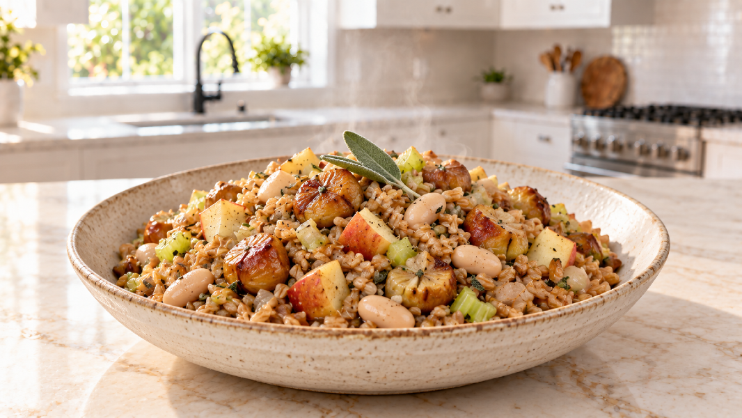 Warm Chestnut Apple Farro Pilaf With Sage