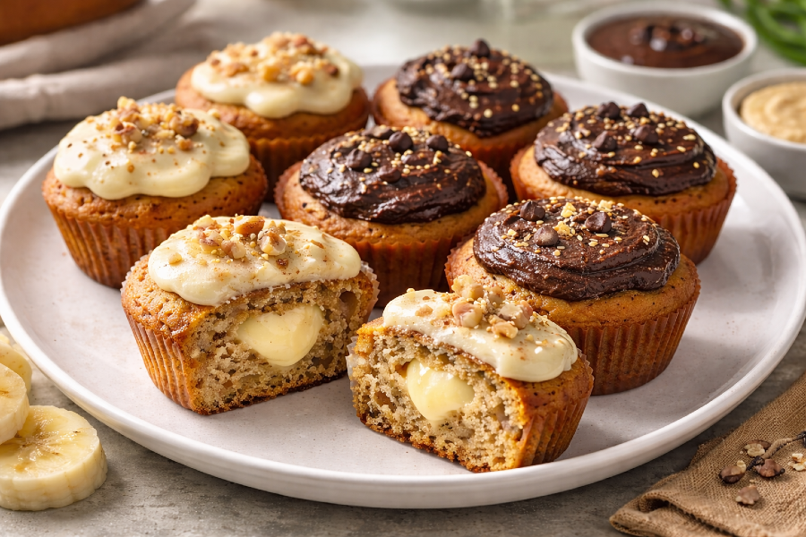 Sweet potato banana custard cupcakes with plain and chocolate tahini topping