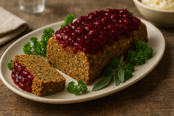 Mock “Turkey” Loaf + Fresh Cranberry–Orange Sauce