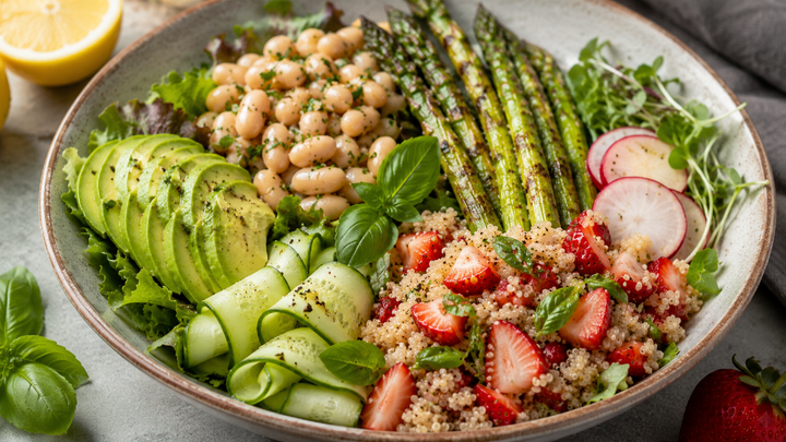 May Harvest Bowl with Lemon Herb White Beans, Grilled Asparagus & Strawberry Basil Quinoa