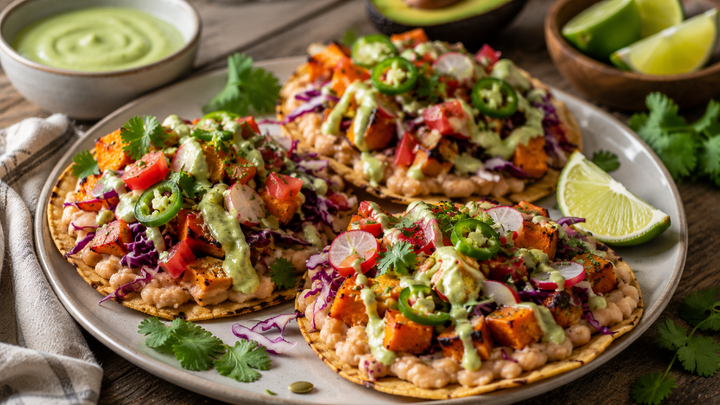 Crispy Smashed White Bean & Sweet Potato Tostadas with Creamy Avocado Lime Drizzle