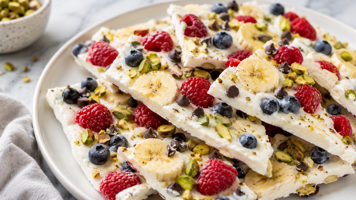 Frozen Yogurt Banana Bark with Berries and Pistachios