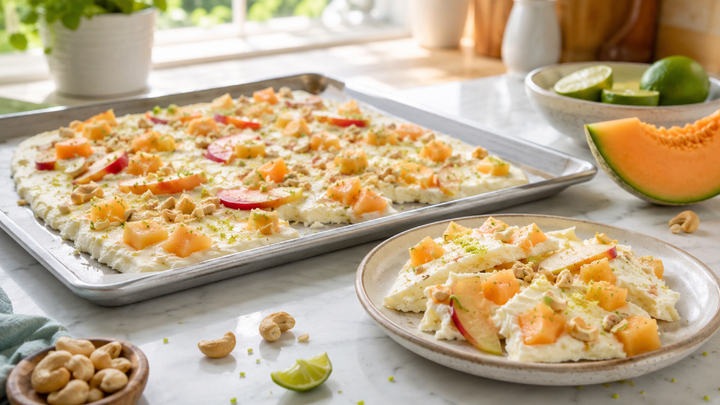 Frozen Yogurt Cantaloupe Nectarine Bark with Lime Cashew Crunch
