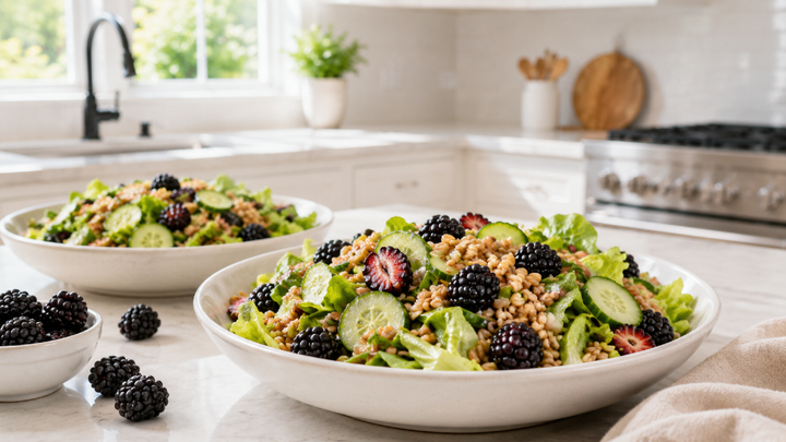 Blackberry Miso Farro Salad with Cucumber and Butter Lettuce