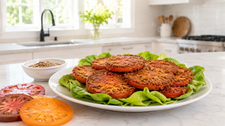 Flax-Crusted Heirloom Tomato Stacks over Butter Lettuce