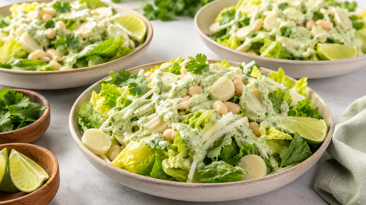 No-Cook Jicama Romaine Crunch Bowls with Hearts of Palm and Cilantro Cashew Cream