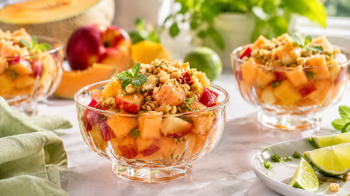 Chilled Nectarine Cantaloupe Lime Cups with Cashew Ginger Crumble