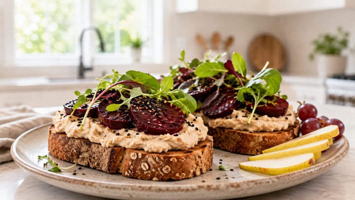 Roasted Beet & White Bean Smash Toast with Black Sesame Crunch