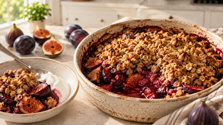 Warm Plum & Fig Crisp with Walnut-Oat Crumble
