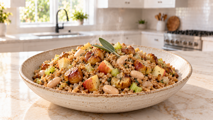 Warm Chestnut Apple Farro Pilaf With Sage