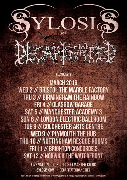 Decapitated and Sylosis - March 2016 UK Tour - 2016 Tour Poster